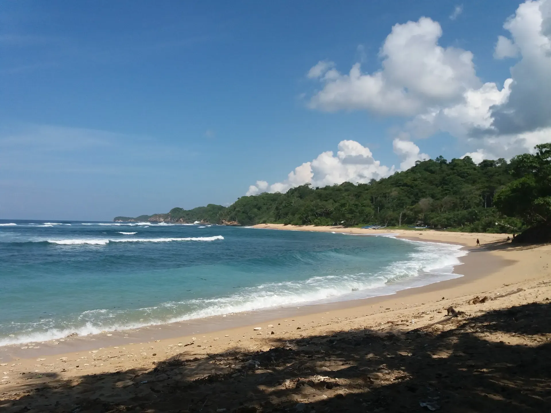 Panorama Pantai Ngliyep Malang dengan pasir putih, air laut biru, dan bukit hijau